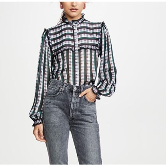 Jason Wu SZ 6 Striped Plaid Ruffle Blouse Cactus Rose Multi As Seen On TV $450 - Picture 1 of 7